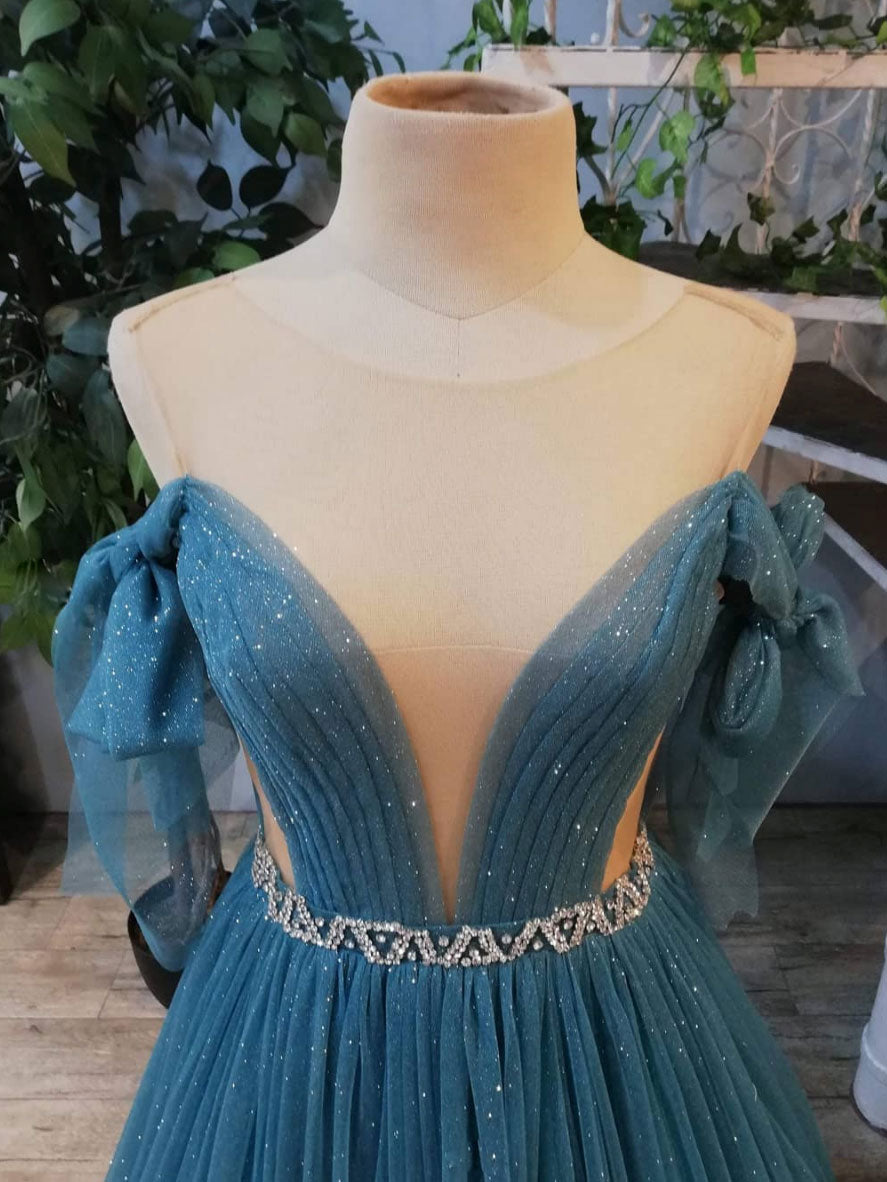 Green round neck tulle sequin long prom dress, green evening dress