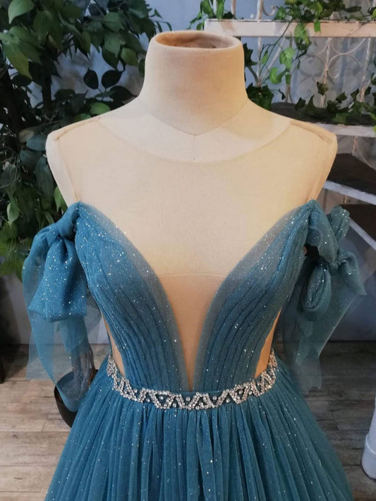 Green round neck tulle sequin long prom dress, green evening dress