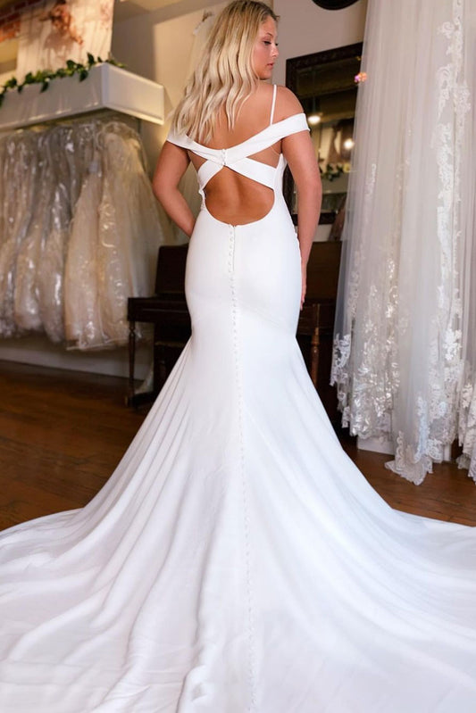 White satin mermaid long prom dress white evening dress