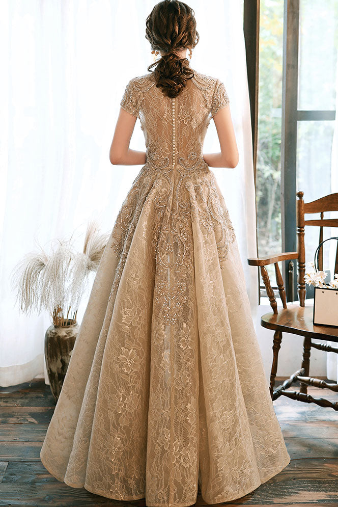 Light champagne lace satin prom dress champagne evening dress