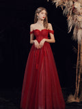 Burgundy A line tulle long prom dress, burgundy evening dress
