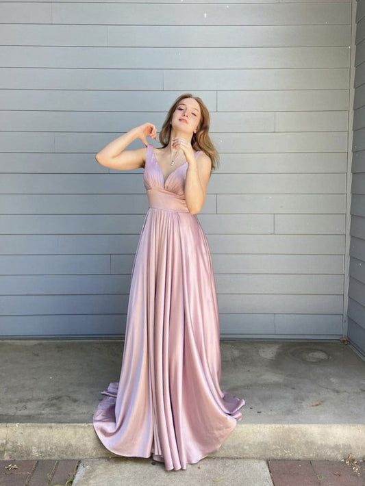Simple pink satin long prom dress, pink evening dress