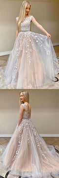 Champagne tulle lace long prom dress champagne evening dress