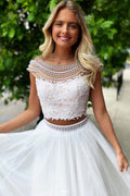 White round neck tulle lace two pieces long prom dress white formal dress