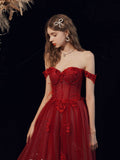 Burgundy A line tulle long prom dress, burgundy evening dress