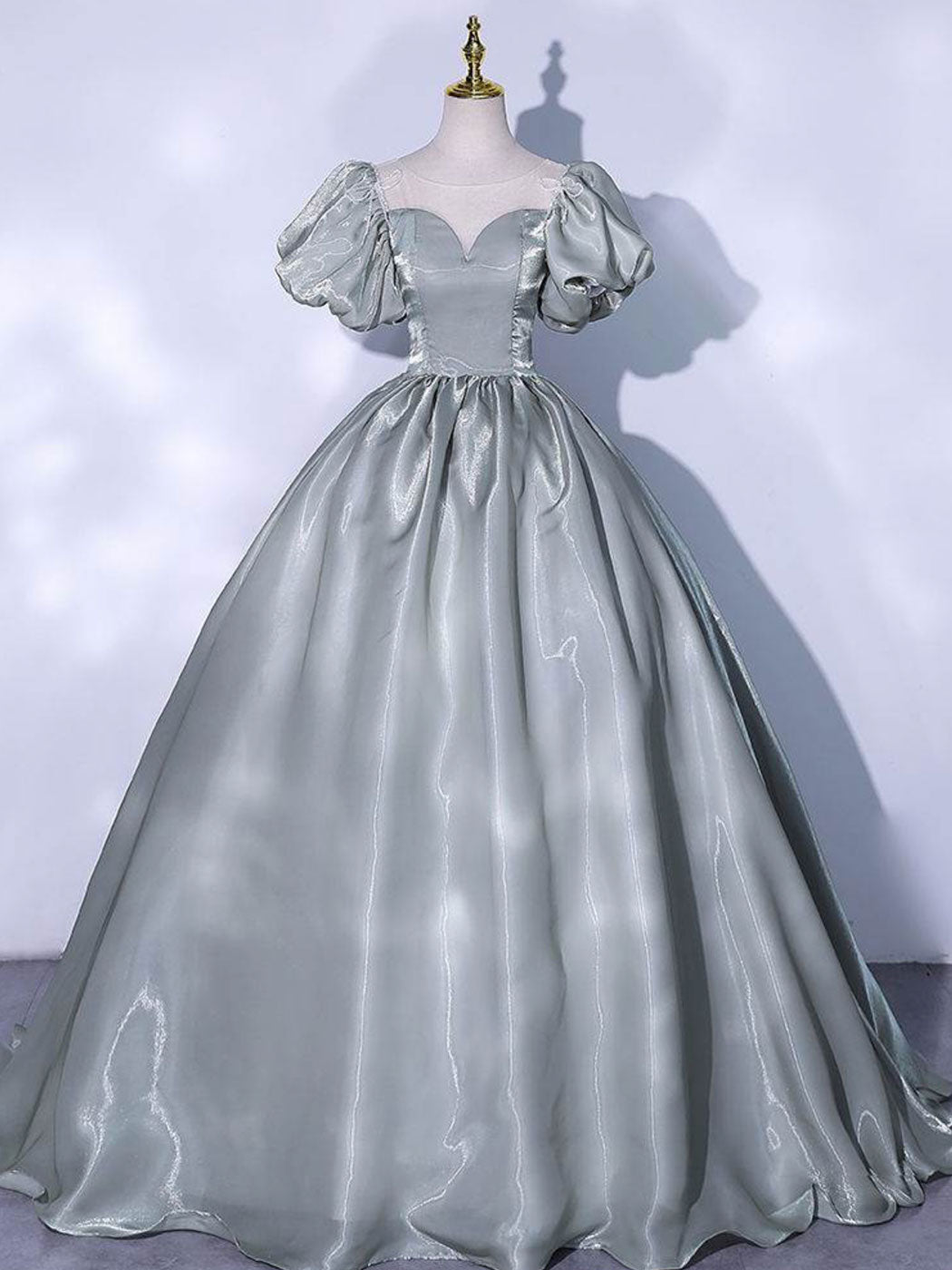 Gray round neck satin long prom dress, gray sweet 16 dress