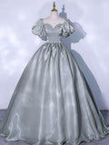 Gray round neck satin long prom dress, gray sweet 16 dress