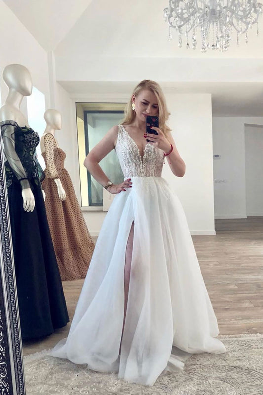 White v neck tulle lace long prom dress, white evening dress