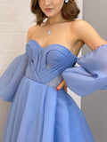 Blue sweetheart neck Organza long prom dress, blue evening dress