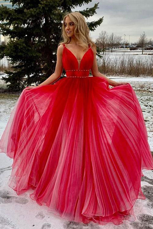 Red v neck tulle long prom dress, red tulle evening dress