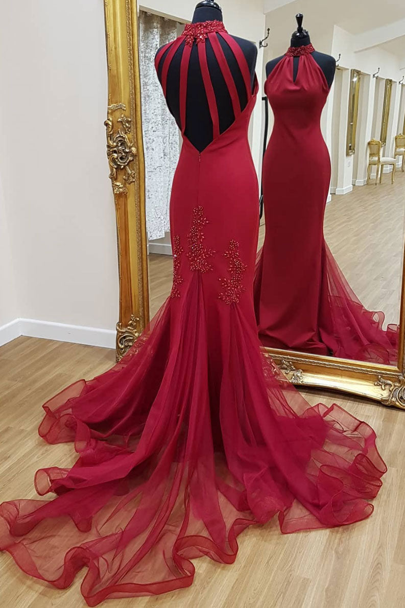 Unique high neck lace mermaid long prom dress, evening dress