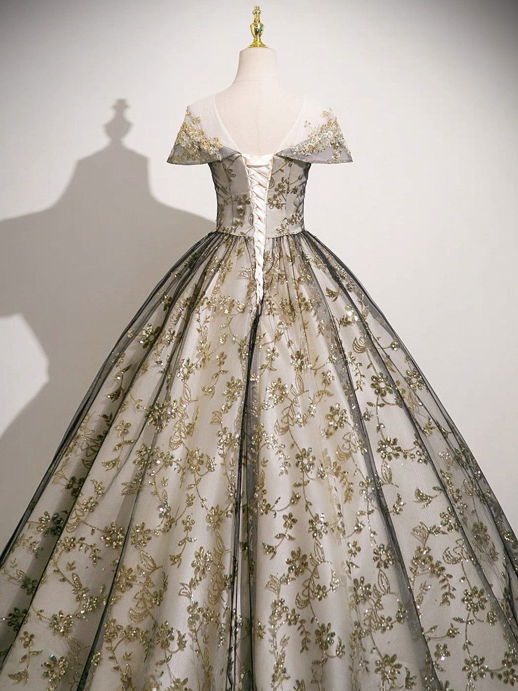 A-Line Tulle Lace Gray Long Prom Dress, Gray Long Evening Dress