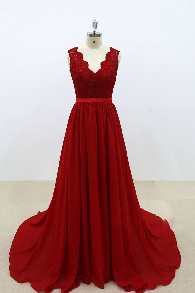 Burgundy v neck lace chiffon long prom dress, burgundy bridesmaid dress