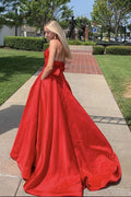 Red v neck satin long prom dress red satin evening dress