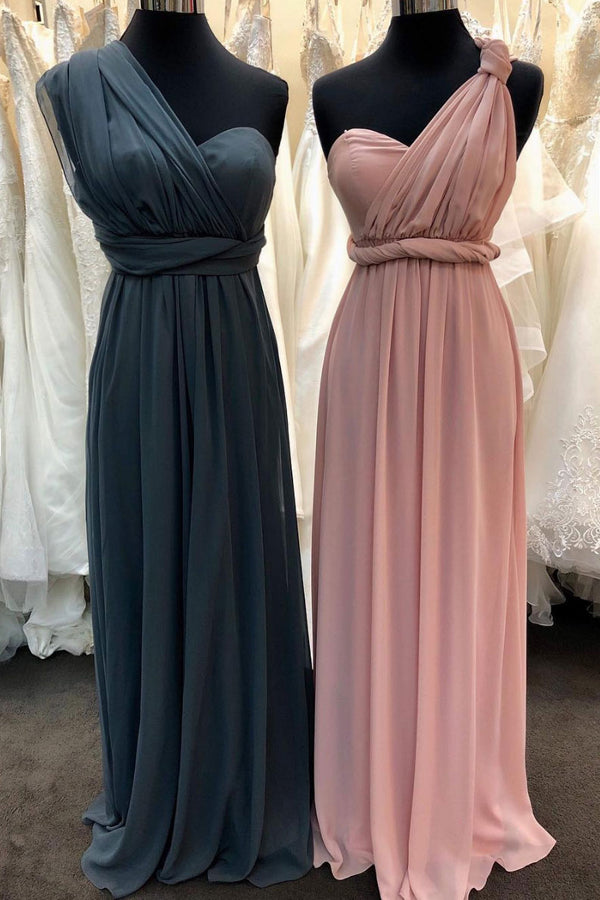 Simple one shoulder chiffon long prom dress, bridesmaid dress