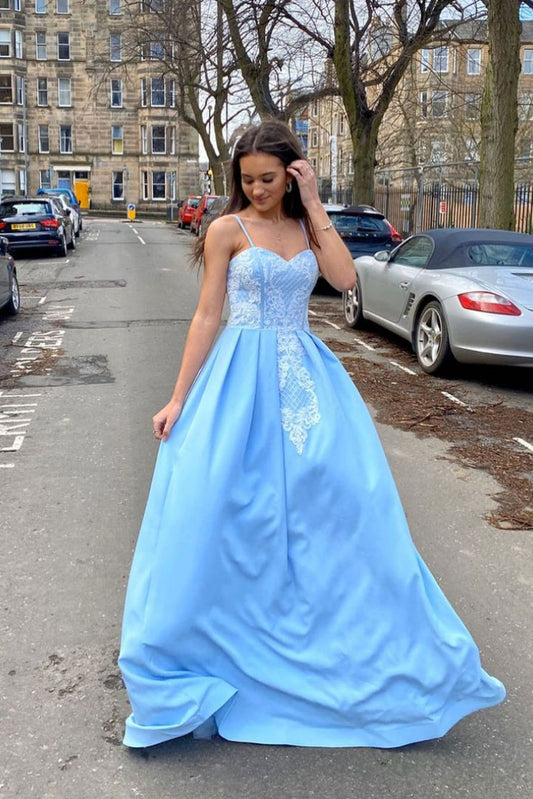 Blue satin lace long prom dress blue lace evening dress