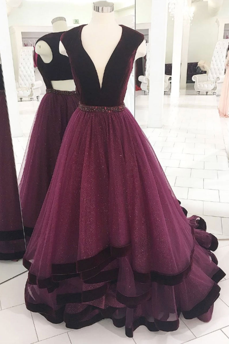 Burgundy v neck tulle long prom dress, burgundy evening dress