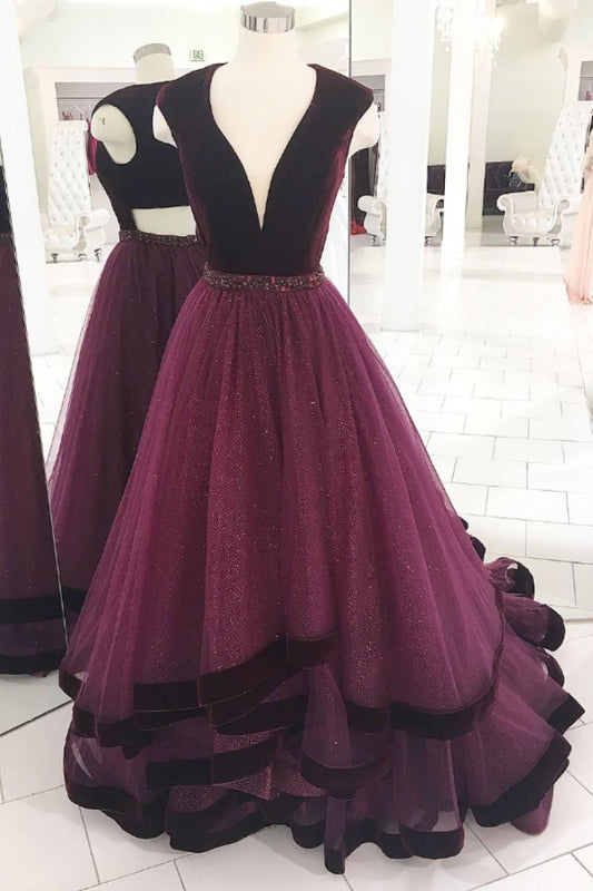 Burgundy v neck tulle long prom dress, burgundy evening dress