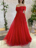Simple red tulle off shoulder long prom dress, red tulle formal dress