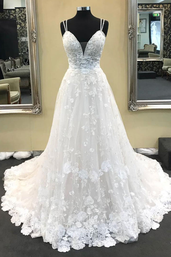 White v neck lace long prom dress, white lace wedding dress