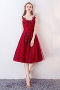 Unique burgundy round neck tulle prom dress, burgundy evening dress