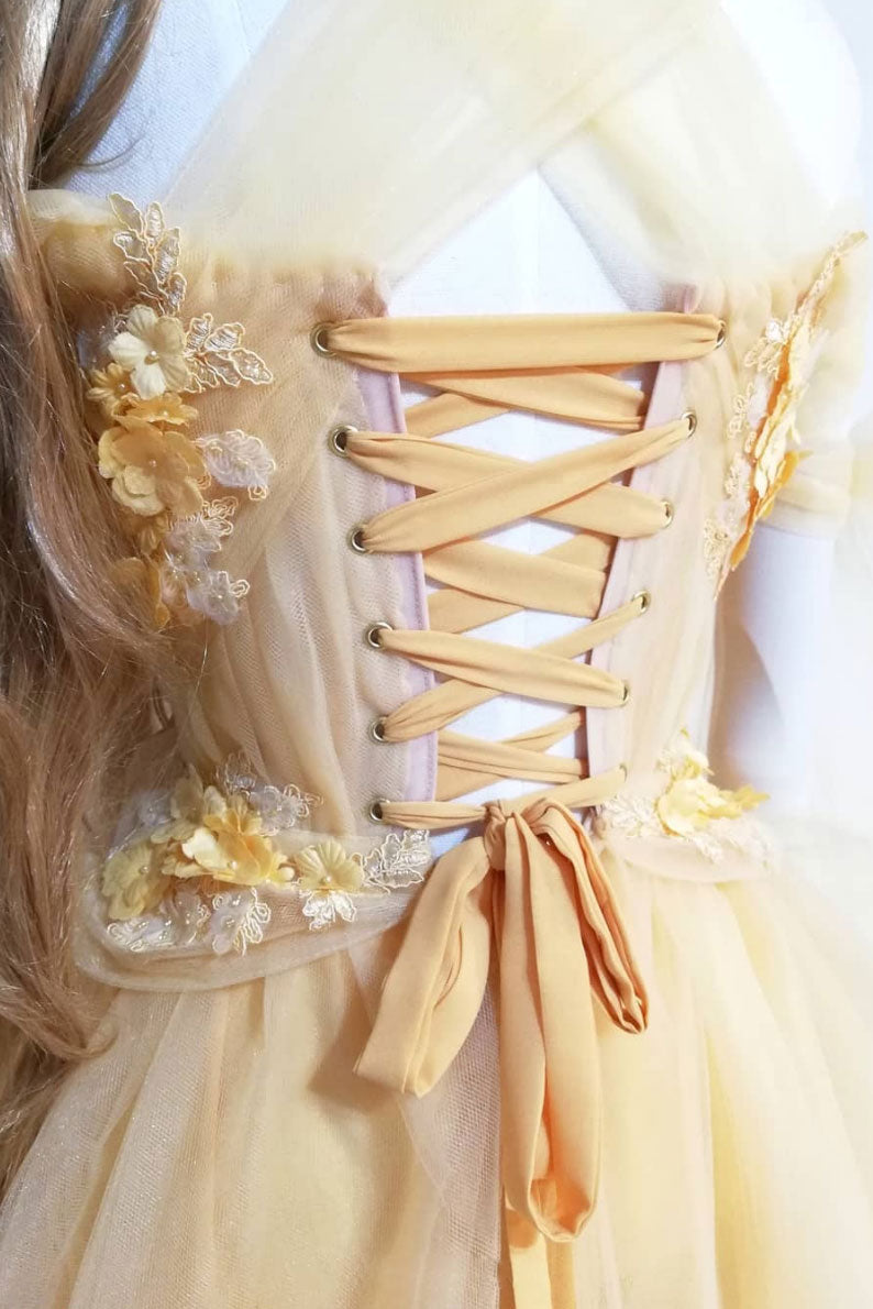 Yellow sweetheart lace tulle long prom dress yellow formal dress