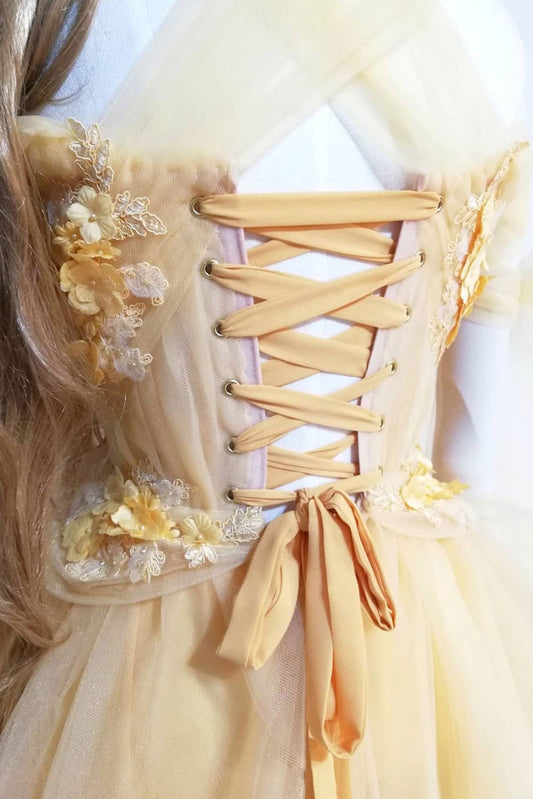 Yellow sweetheart lace tulle long prom dress yellow formal dress