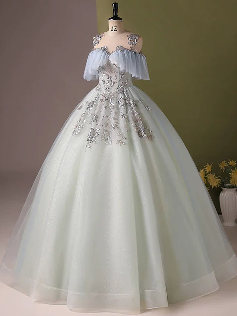 A-Line Tulle Sequin Lace Long Blue Prom Dress, Blue Long Formal Dress