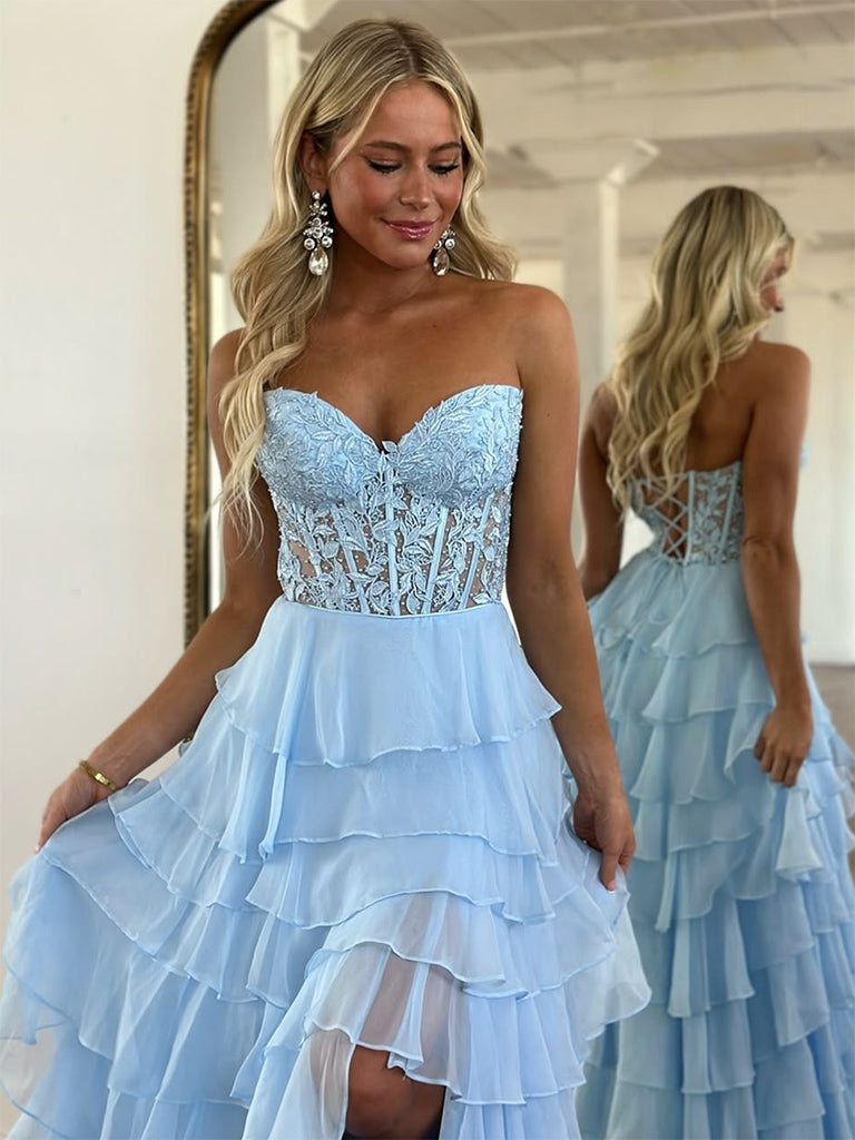 A-Line Sweetheart Neck Chiffon Lace Blue Long Prom Dress, Blue Long Formal Dress
