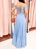Blue lace A line long prom dress, blue lace bridesmaid dress