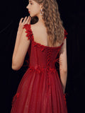 Burgundy A line tulle long prom dress, burgundy evening dress