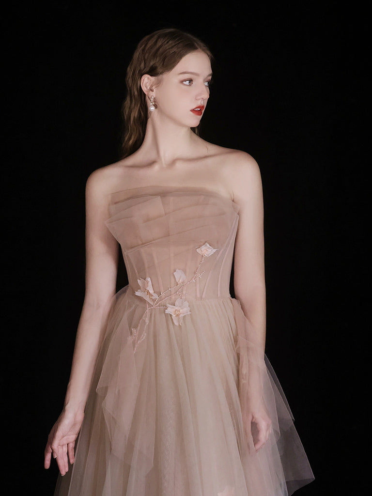 A-Line Champagne Tulle Beads Long Prom Dress, Champagne Tulle Long Formal Dress