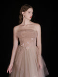 A-Line Champagne Tulle Beads Long Prom Dress, Champagne Tulle Long Formal Dress