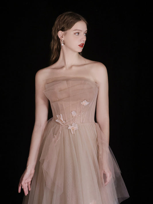 A-Line Champagne Tulle Beads Long Prom Dress, Champagne Tulle Long Formal Dress