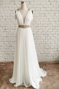 White v neck chiffon long prom dress, white evening dress