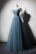 Blue tulle off shoulder long prom dress, blue tulle evening dress