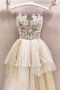 Champagne tulle lace long prom dress, tulle lace evening dress