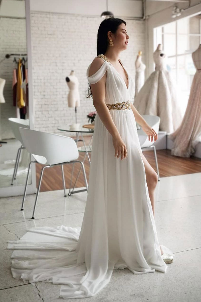 White v neck chiffon long prom dress, white evening dress