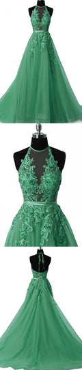 Unique tulle lace applique green long prom dress, green tulle evening dress