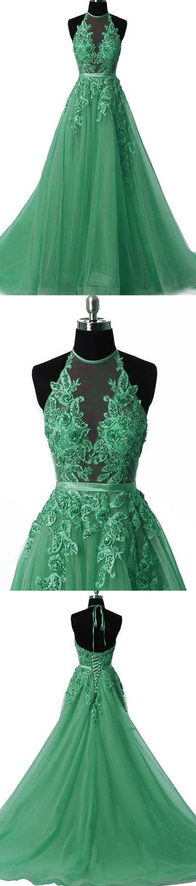 Unique tulle lace applique green long prom dress, green tulle evening dress