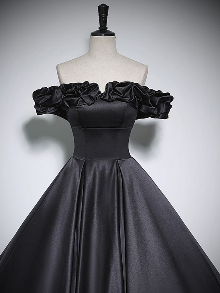 Black A-Line Off Shoulder Satin Long Prom Dress, Black Formal Dress