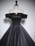 Black A-Line Off Shoulder Satin Long Prom Dress, Black Formal Dress