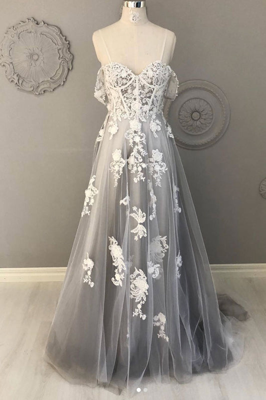 Gray lace sweetheart tulle long prom dress lace formal dress