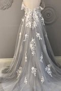 Gray lace sweetheart tulle long prom dress lace formal dress