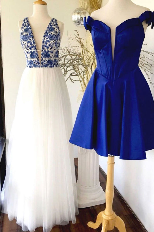 Unique tulle lace long prom dress, white tulle lace evening dress