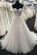 White sweetheart neck tulle lace long prom dress, lace wedding dress