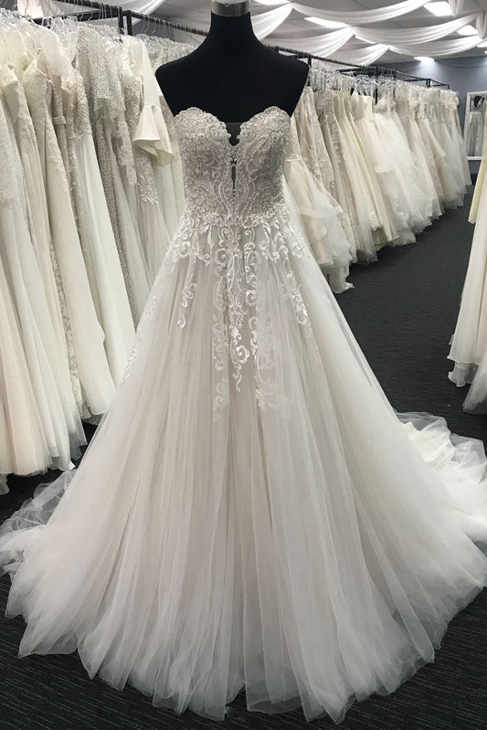 White sweetheart neck tulle lace long prom dress, lace wedding dress