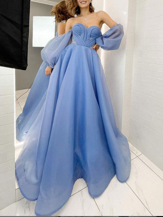 Blue sweetheart neck Organza long prom dress, blue evening dress