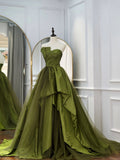 Green Satin Long Prom Dresses, Tulle Green Formal Evening Dresses
