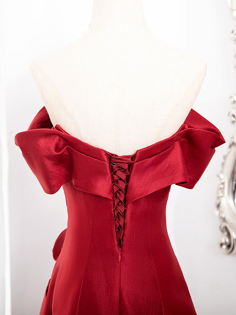 A-Line Off Shoulder Satin Burgundy Long Prom Dress
